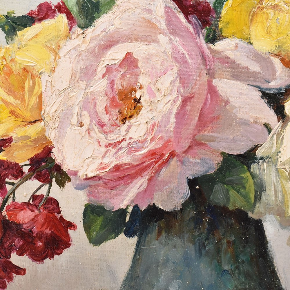 QF639 4 antique roses floral painting flower oil painting still life art deco